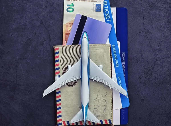 Air ticket and passport for flight plane. Travel concept. Ticket