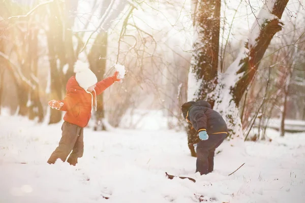 Děti v zimním parku hrají — Stock fotografie
