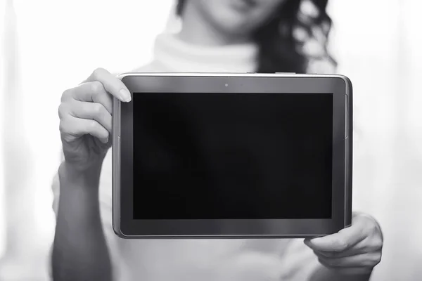 Girl Holding Tablet Girl Has Computer Screen Her Hands Hands — Stock Photo, Image