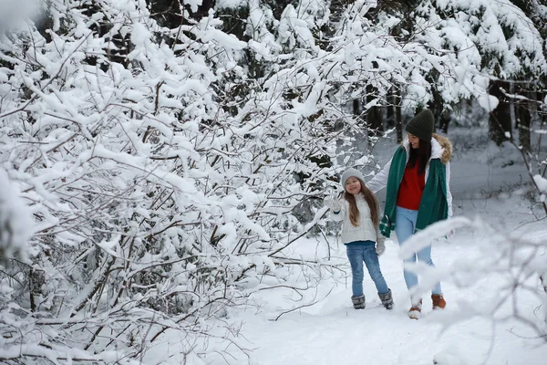 Família jovem para uma caminhada. Mãe e filha estão andando em um winte — Fotografia de Stock