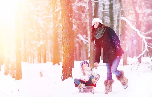 Zimowa bajka, młoda matka i jej córka jeździć na sankach — Zdjęcie stockowe