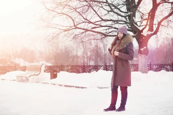 Молода дівчина в зимовому парку на прогулянці. Різдвяні свята в т — стокове фото