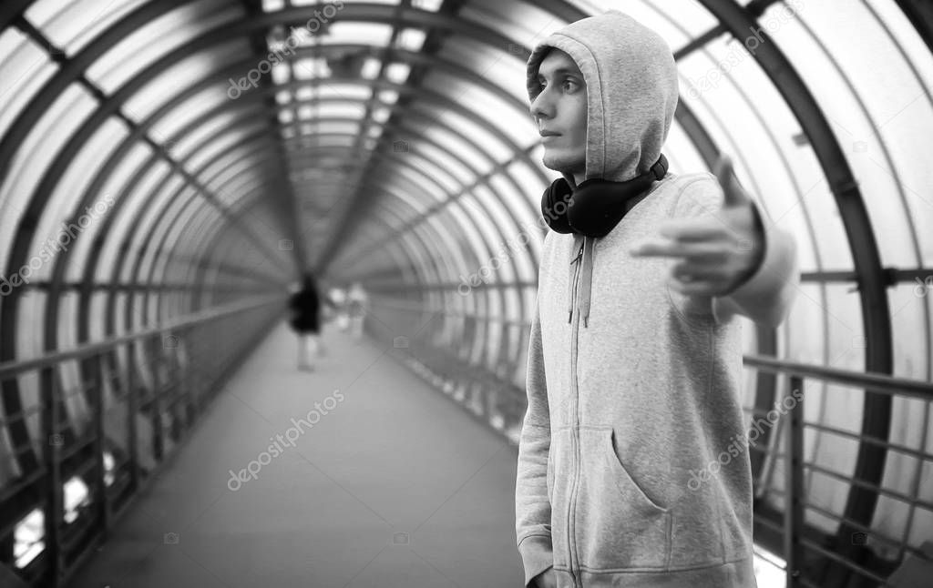 man in a hoodie black and white