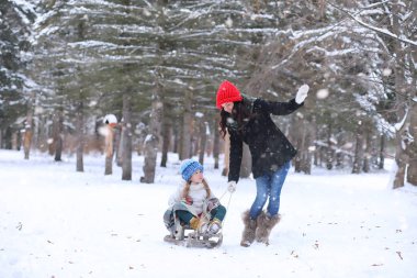 Bir kış masal, genç bir anne ve kızı bir kızak sürmek