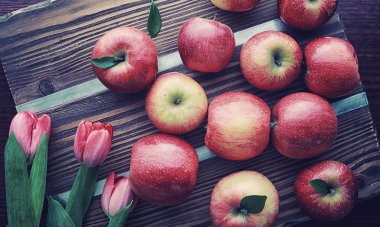 Tahtadaki taze elmalar. Kırmızı elma hasadı. Meyveler...