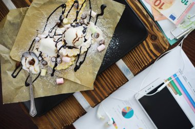 Doldurulmuş Viyana waffle 'ı. Kahve masası. Bir set mis kokulu c