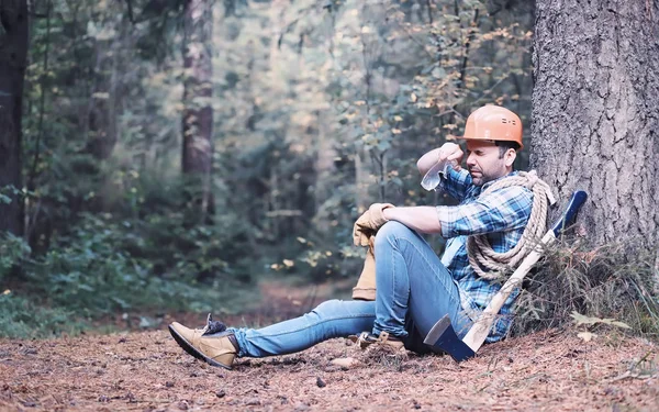 Muž dřevorubec v lese. Profesionální dřevorubecká inspekce — Stock fotografie