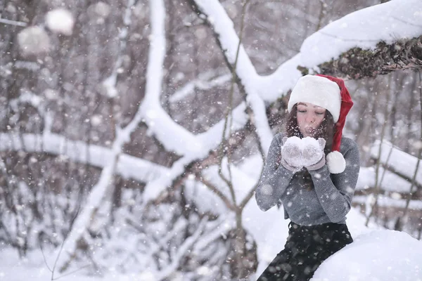 Menina em um parque de inverno na queda de neve — Fotografia de Stock