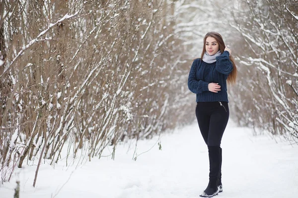 Молодая девушка в зимнем парке на прогулке. Рождественские праздники — стоковое фото