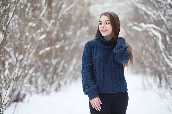 Una ragazza in un parco invernale a fare una passeggiata. Vacanze di Natale in t — Foto Stock