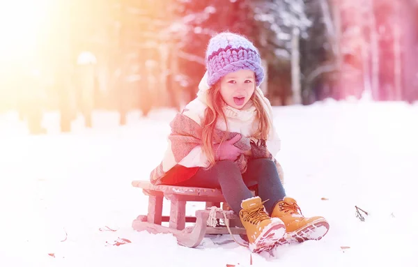 A winter fairy tale, a young mother and her daughter ride a sled