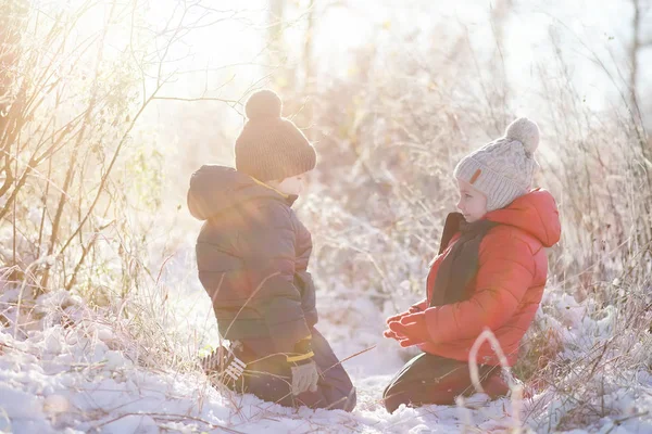 Niños en el parque de invierno jugar —  Fotos de Stock
