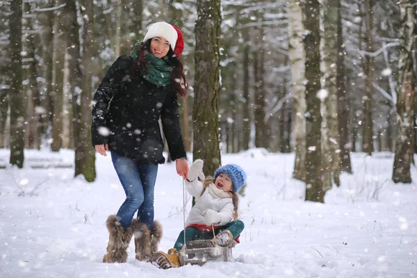 A winter fairy tale, a young mother and her daughter ride a sled