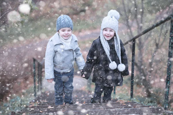 子供たちは公園の最初の雪の中を歩く — ストック写真