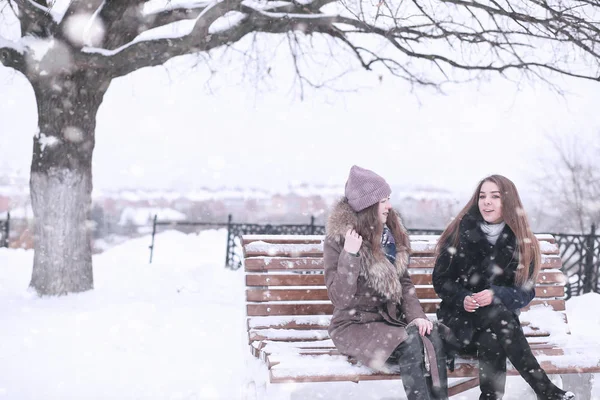Chica en un parque de invierno en las nevadas — Foto de Stock
