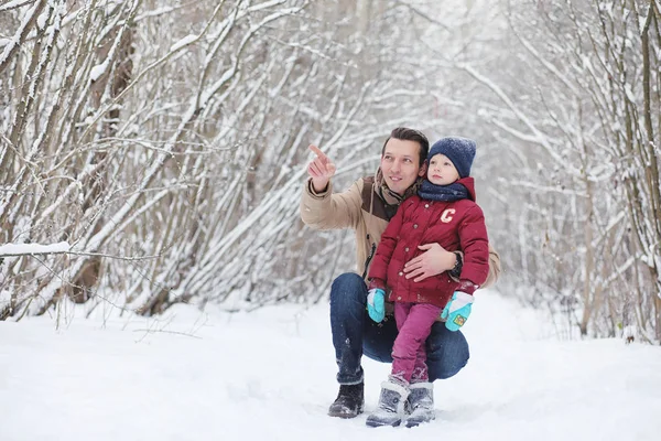 Młode rodziny z dziećmi są spacery w parku zimowym. Garniturów źim — Zdjęcie stockowe