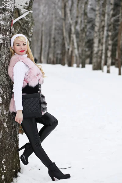 Menina loira em um passeio em um parque de inverno — Fotografia de Stock