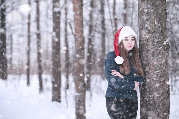 Menina em um parque de inverno na queda de neve — Fotografia de Stock