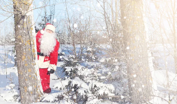 Santa Claus viene con regalos del exterior. Santa en un su rojo — Foto de Stock