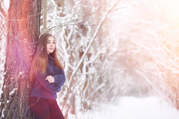 Una ragazza in un parco invernale a fare una passeggiata. Vacanze di Natale in t — Foto Stock