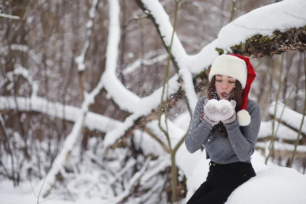 Uma menina em um parque de inverno em uma caminhada. Festas de Natal em t — Fotografia de Stock