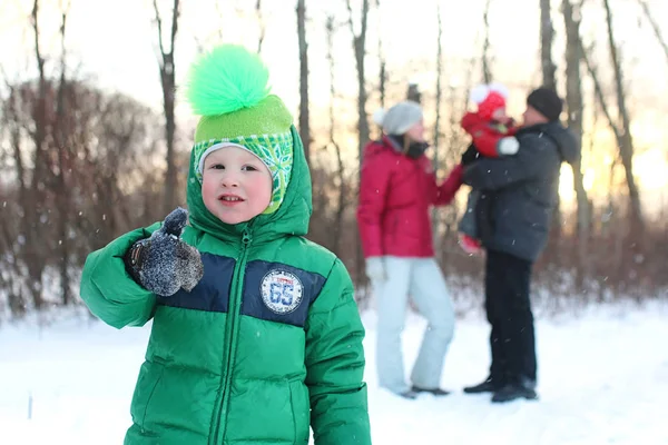 Giovane Famiglia Con Bambini Una Passeggiata Nel Parco Inverno — Foto Stock