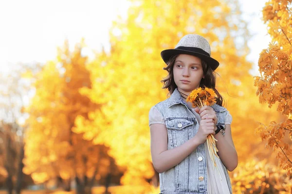 Gadis berjalan di taman musim gugur. Musim gugur di kota, gadis dengan d — Stok Foto