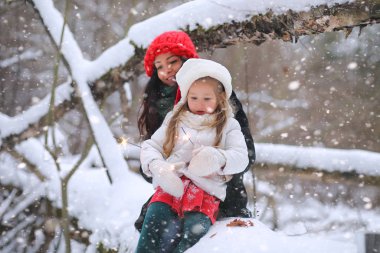 Bir kış masal, genç bir anne ve kızı bir kızak sürmek