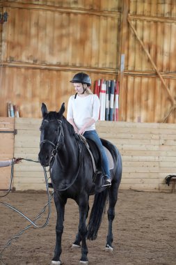 İnsanlar ahşap bir arenada at eğitiminde.