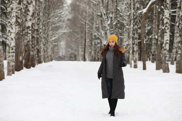 Bella ragazza in un bellissimo parco invernale — Foto Stock