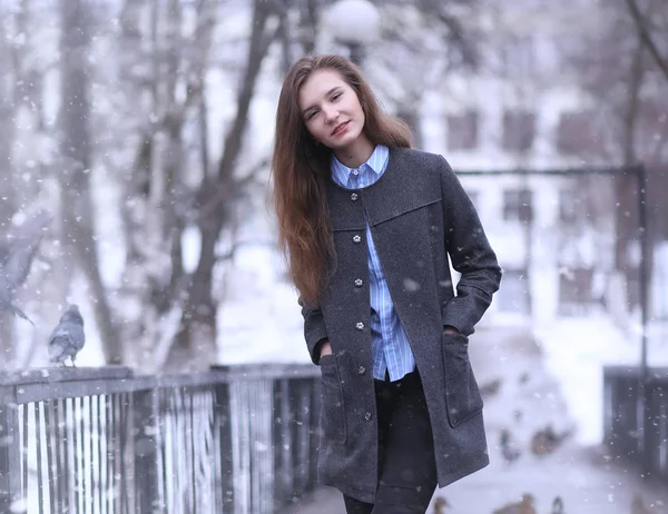 Junges Mädchen im Winter im Freien. Modell Mädchen posiert draußen auf einem w — Stockfoto