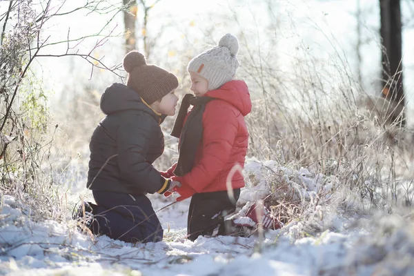 Niños en el parque de invierno jugar —  Fotos de Stock