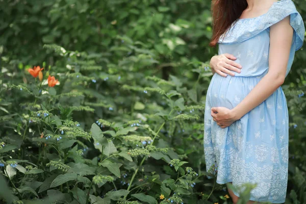 怀孕的女孩在自然的礼服 — 图库照片