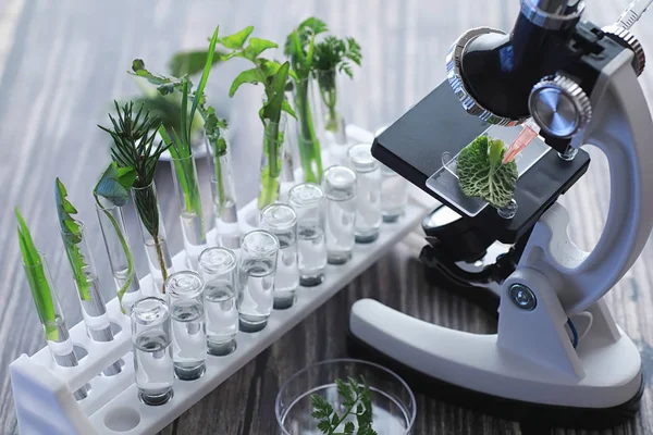 Microscópio e peças de teste na mesa do laboratório . — Fotografia de Stock