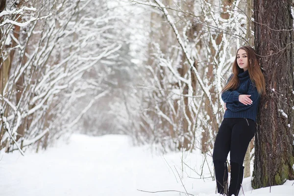 Genç bir kız bir kış parkta bir yürüyüş. Noel tatili t — Stok fotoğraf