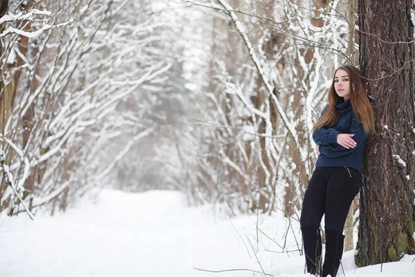 A young girl in a winter park on a walk. Christmas holidays in t — Stock Photo, Image