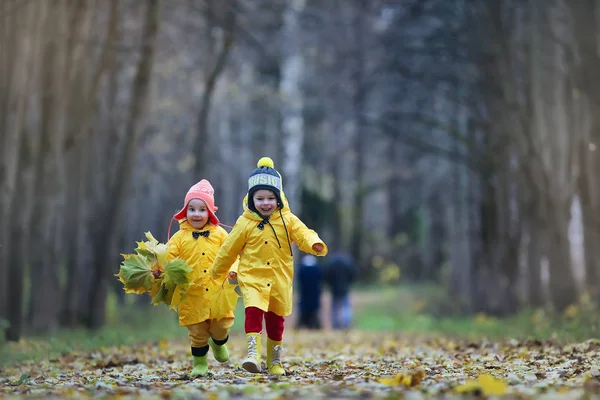 Barnen går i höstparken — Stockfoto