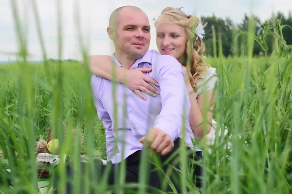 Paar liefhebbers wandelen in veld in zomerdag — Stockfoto