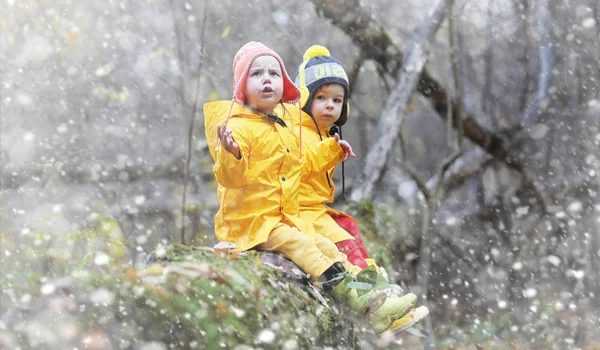 Sonbahar parkta bir yürüyüş üzerinde küçük çocuklar. İlk frost ve ilk — Stok fotoğraf