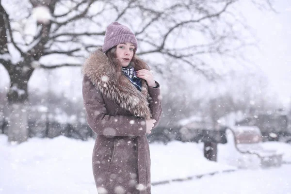 Fille dans un parc d'hiver en chute de neige — Photo