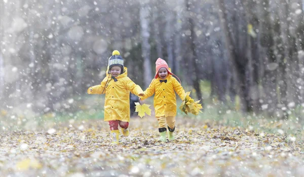 Los niños pequeños en un paseo por el parque de otoño. La primera helada y la primera —  Fotos de Stock