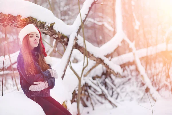 Una joven en un parque de invierno en un paseo. Vacaciones de Navidad en t —  Fotos de Stock