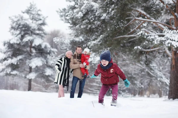 Młode rodziny z dziećmi są spacery w parku zimowym. Garniturów źim — Zdjęcie stockowe