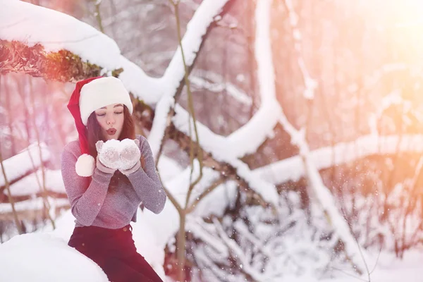 Una joven en un parque de invierno en un paseo. Vacaciones de Navidad en t —  Fotos de Stock