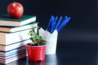 Masanın üzerinde bir yığın kitap ve ders kitabı var. Bilme konsepti
