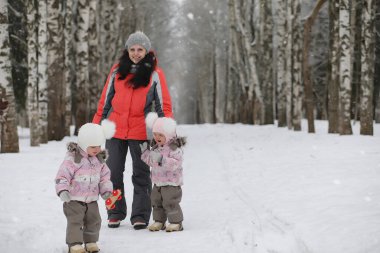 Çocuklar kışın parkta yürürler. Çocuklarla yürüyüşe çıkmış kış ormanı ailesi. Soğuk bir kış günü aile yürüyüşüdür.