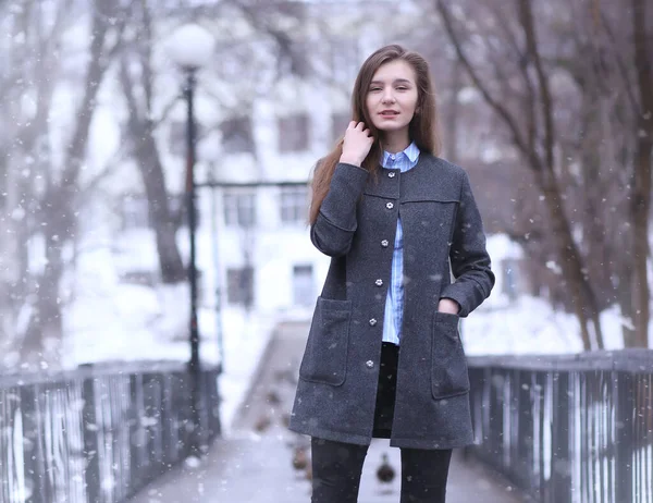 Menina Jovem Livre Inverno Menina Modelo Posando Livre Dia Inverno — Fotografia de Stock