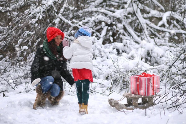 Winter fairy tale, a young mother and her daughter ride a sled in the forest. A girl on a sled with gifts on the eve of the new year in the park. Two sisters walk in a New Year's park and ride a sled with gifts
