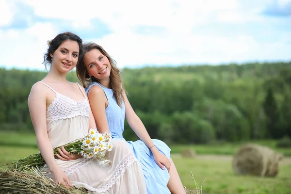 Dos Hermosas Chicas Vestidos Campo Verano Con Berrie — Foto de Stock