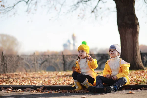 Les Enfants Marchent Dans Parc Automne Automne — Photo